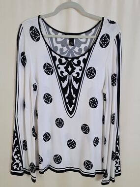 INC International Concepts Black and White Medallion Long Sleeve Top